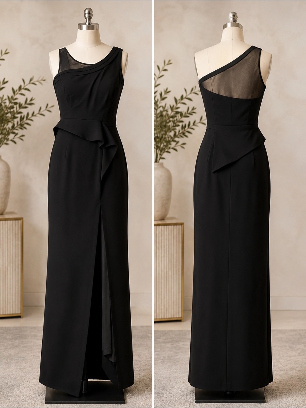 Black One-Shoulder Evening Gown with Sheer Yoke and Peplum Detail